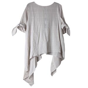Ravel Tunic Top Women Medium Beige Windowpane Grid Tie Sleeve Asymmetric Earthy